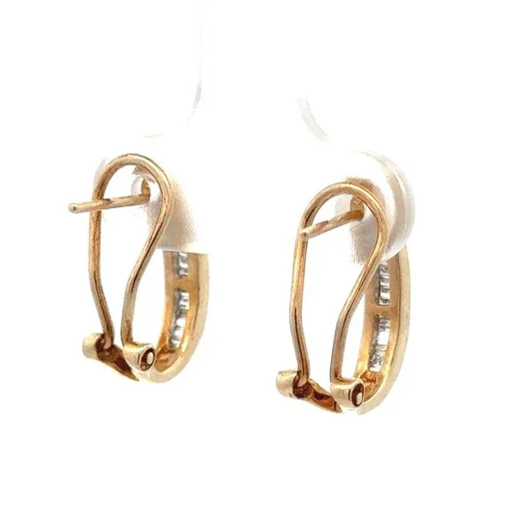 Designer HN 10K Yellow Gold Baguette Diamond Omega Back Oval Hoop Stud Earrings